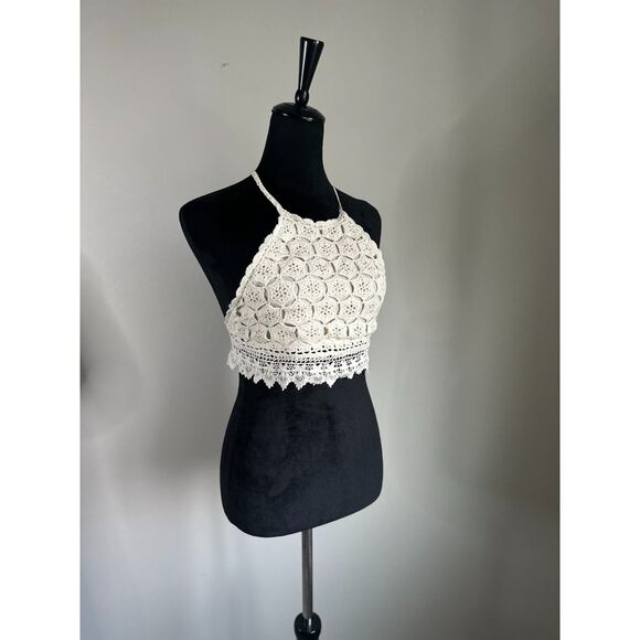 Women's Cream Halter Neck Tie Backless Crochet Cropped Top Size S - Picture 3 of 5